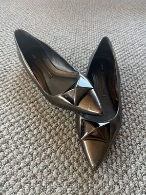 SCHUTZ Metallic Bronze Pointed Toe Flats with Pyramid Ornament